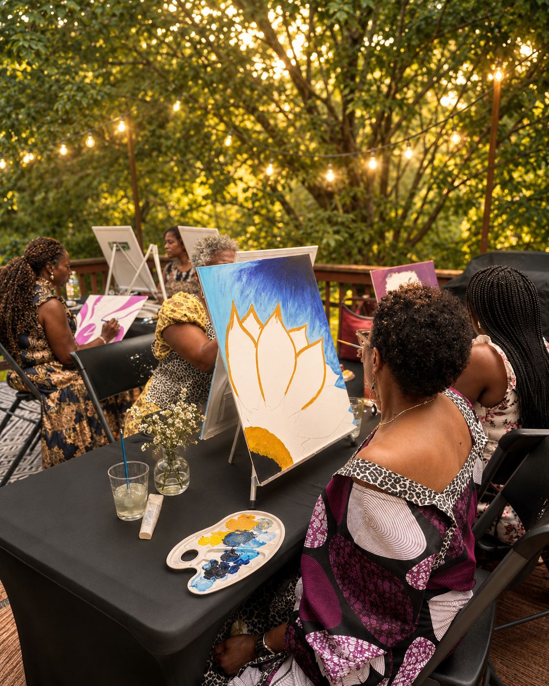 A group of women gathered outdoors at golden hour, painting together at easels under string lights.