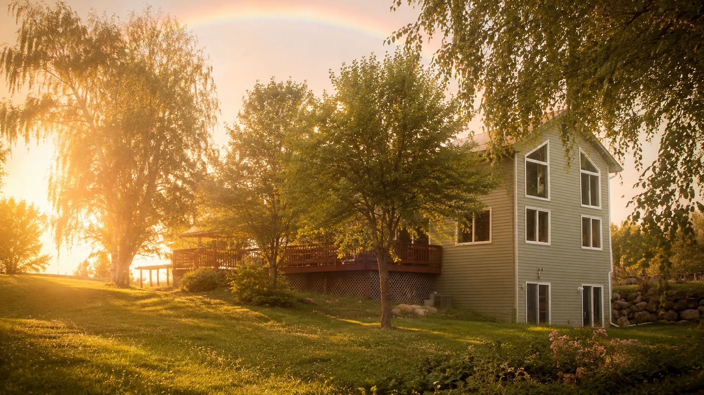 The Sanctuary 44 property at golden hour, with trees, a deck, and a rainbow over the land.