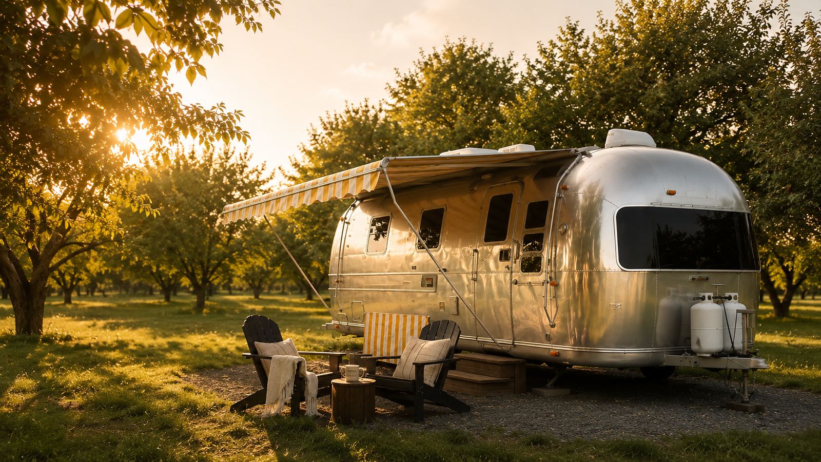 Sunshine, the vintage Airstream at Sanctuary 44, parked among the orchard trees at golden hour with two chairs set by a firepit.